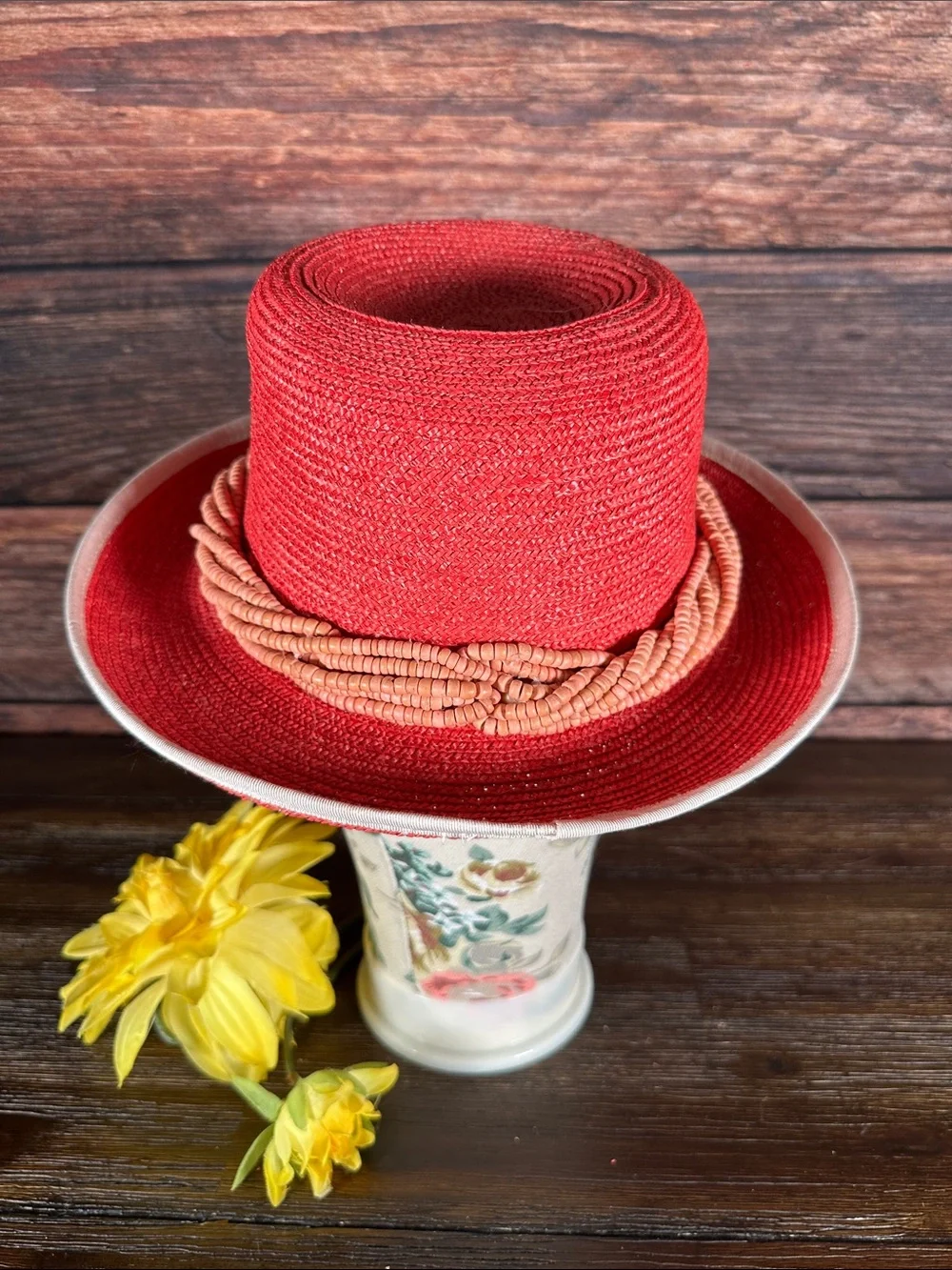 Kokin Vintage Red Straw Hat with Coral Beaded Band